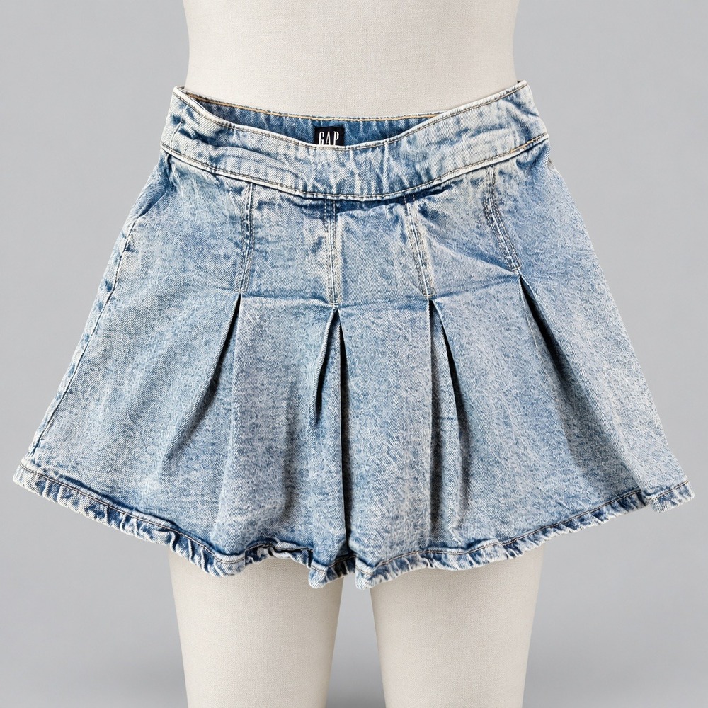 Gap Kids Y2K Denim Pleated Preppy Skirt Light WashSize L Side Zip Schoolgirl